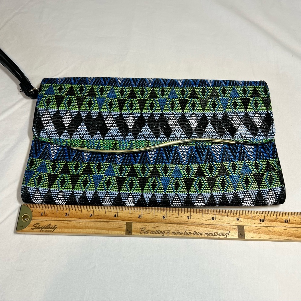 Woven‎ Clutch Bag Wristlet Blue/Green/Black Geometric Abstract Pattern - Picture 12 of 15